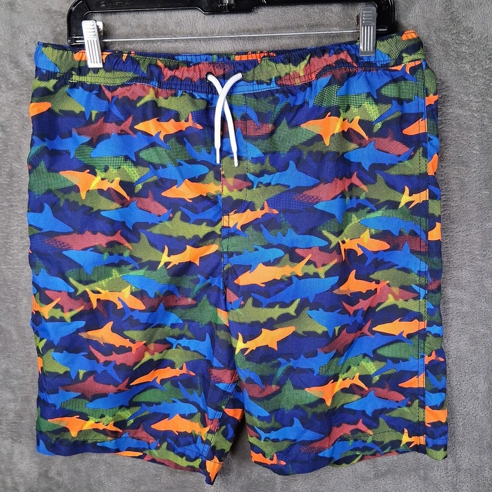 Lands Ends Boys Swim Trunks Size XXL 18 20 Husky Fish Print Lined Boardshorts